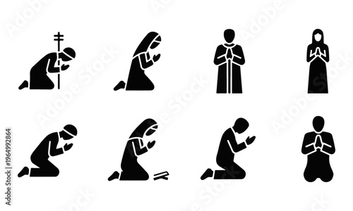 Black Silhouette Prayer Icons Set of People Kneeling and Standing in Worship