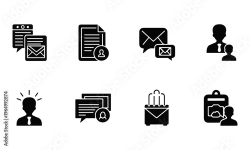 Set of 8 Modern Business and Communication Glyph Icons Vector Collection