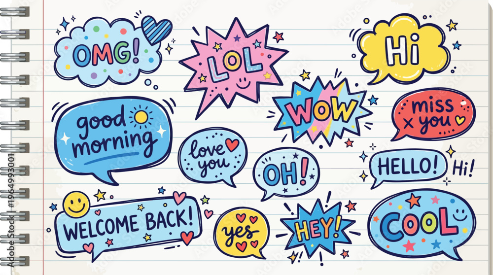 Naklejka premium Colorful Hand Drawn Speech Bubble Doodles on Lined Notebook Paper for Social Media and Creative Marketing Design