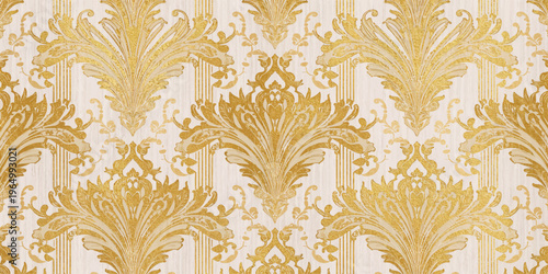 Vintage seamless pattern with golden wheat ears and ornate damask floral textile ornaments in a retro victorian baroque style illustration