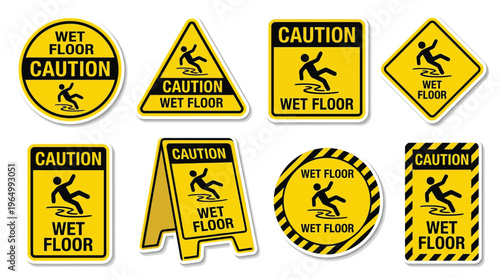 Professional collection of yellow caution wet floor signs with slipping man icons for workplace safety and maintenance warnings