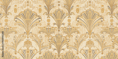 Vintage seamless pattern with golden wheat ears and damask floral ornaments on a brown antique textile texture for retro wallpaper or baroque backdrop illustration