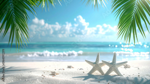 南国ビーチサイドの砂浜にならんだ美しい貝殻とヤシの葉