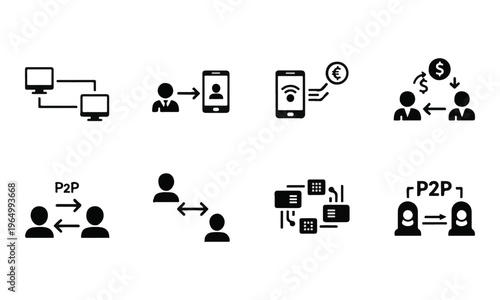 Set of black P2P and money transfer vector icons for digital transactions