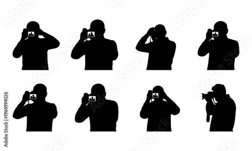Set of 8 Black Photographer Silhouettes Holding Cameras Isolated Vector Illustration