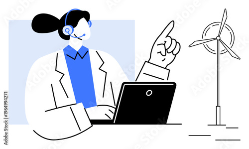 Renewable energy, sustainability, wind power, online education, technology consulting, green solutions. Woman with a headset pointing at wind turbine and using laptop. Renewable energy