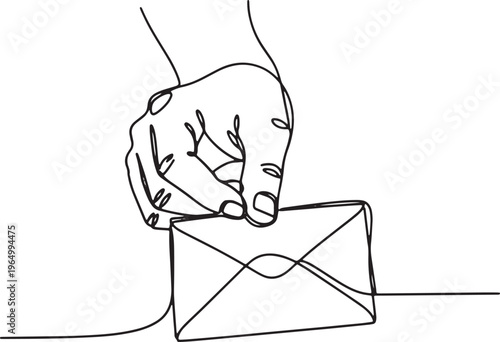 A single continuous line drawing depicts a hand holding a closed envelope, symbolizing communication, correspondence, and the delivery of messages