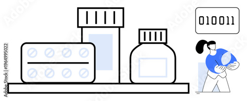 Pharmaceutical management, healthcare technology, digital health tracking, medical innovation, medicine logistics, drug safety. ion of pill packs, medicine bottles and binary code. Pharmaceutical