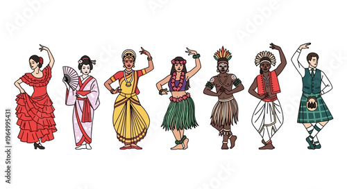 International Dance Day Cultural Dancers Collection in Traditional Costumes Worldwide Dance Illustration