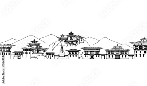 A minimalist vector illustration of a Tibetan village with pagoda buildings