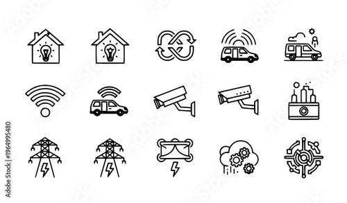 A set of modern line art icons representing smart home and city technology