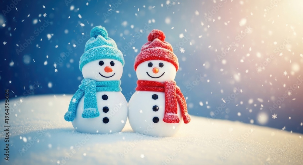 Fototapeta premium Two snowmen wearing colorful hats and scarves standing on snowy ground winter