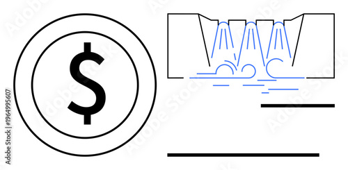 Finance, water conservation, infrastructure funding, sustainability, economics, resources management. Circular dollar sign and dam with water flow. Finance and water conservation conceptual visual