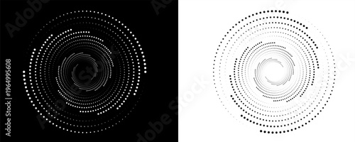 Modern abstract background. Halftone dots in circle form. Round logo. Vector dotted frame. Design element or icon. Black shape on a white background and the same white shape on the black side.