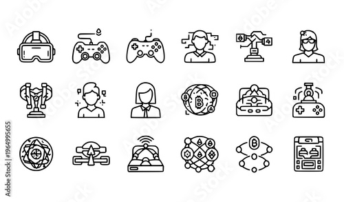 A set of modern line art icons representing gaming and technology concepts