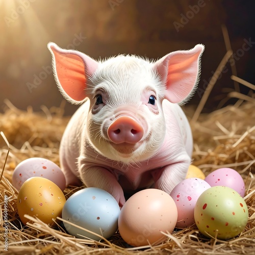A pink piglet lying on straw with colorful Easter eggs