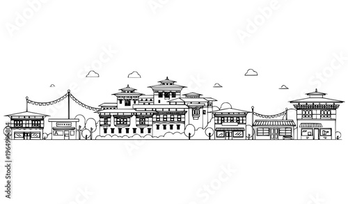 A minimalist line art illustration of a Bhutanese monastery town