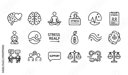 A set of minimalist line art icons representing stress management and mental wellness