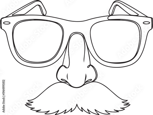 Classic Humorous Disguise Spectacles with Fake Nose and Mustache in Minimalist Black and White Line Art Illustration for Playful Parties