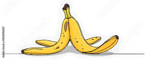 Two vibrantly yellow banana peels, discarded yet artfully arranged, stand upright in a playful and symbolic composition, transforming organic waste into an unexpected visual statement