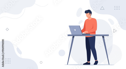 Man working on laptop at standing desk, modern office, minimalist design