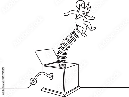 Cartoon character emerging from a jack-in-the-box with a coiled spring, illustrating surprise and unexpected events with a playful artistic style