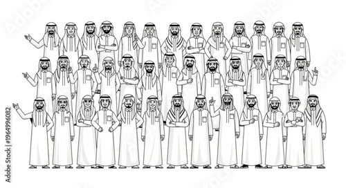 Group of Arab men in traditional attire standing together.