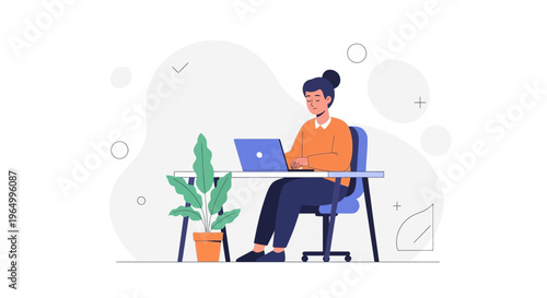 Woman working on laptop at desk with plant, modern office, remote work concept