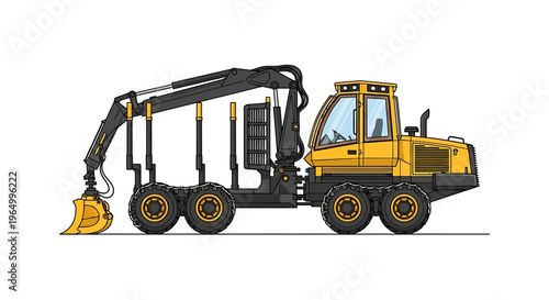 Heavy-duty forestry harvester machine with a powerful grapple arm for logging.