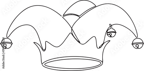 Outline drawing of a traditional jester's hat adorned with bells, representing merriment, carnival festivities, and humorous entertainment