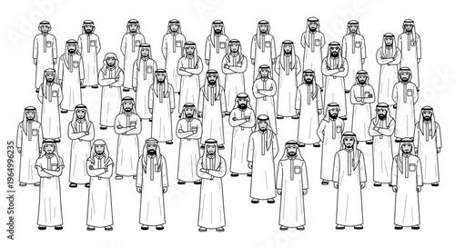 Group of Arab men in traditional attire standing together.