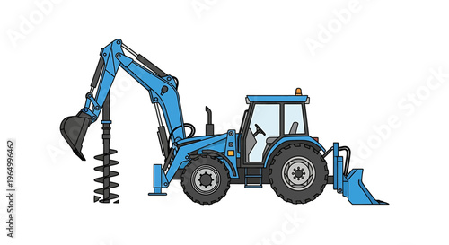 Blue backhoe tractor with auger attachment for construction and digging work.