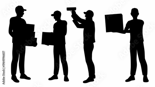 Four delivery workers in silhouette holding packages and using scanner on white background for logistics