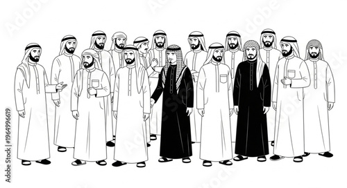 Group of Arab men in traditional attire, standing together.