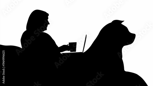 Remote worker with dog sitting on couch with laptop and coffee
