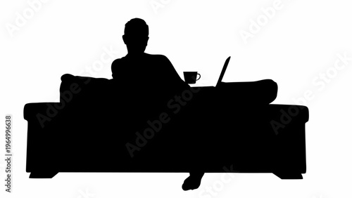 Remote worker sitting on couch with laptop and coffee cup in black silhouette vector