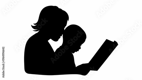 Parent helping child read book together in black silhouette vector illustration