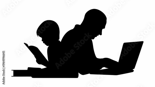 Parent helping child with laptop and book in black silhouette on white background