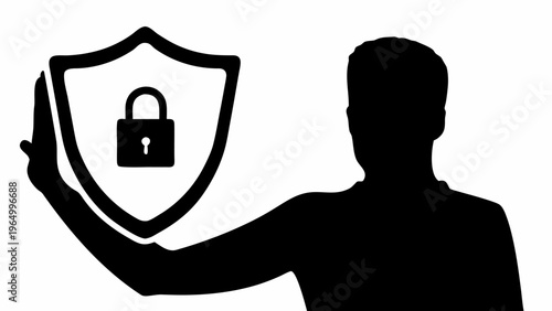 Black silhouette of a man holding a shield with a padlock symbol for cybersecurity concept