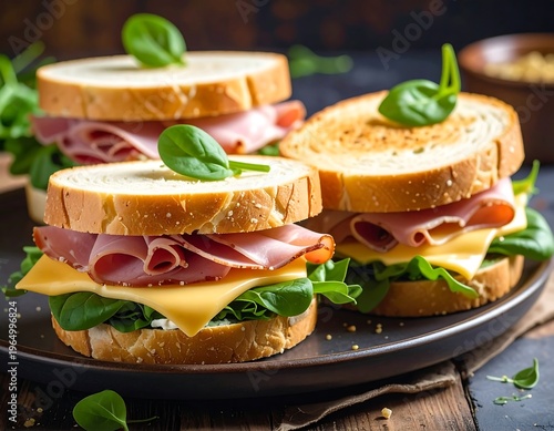A plate of sandwiches with ham, cheese, and greens
