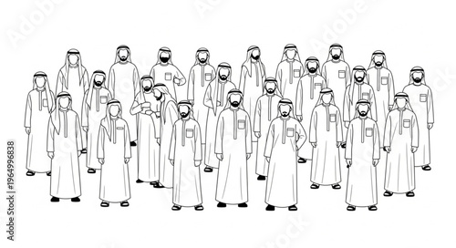 Group of Arab men in traditional attire standing together.