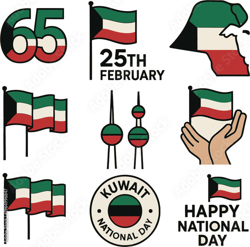 Vibrant vector illustrations commemorating Kuwait's National Day, showcasing patriotic symbols, national flag, country map, and iconic landmarks for cultural celebration designs