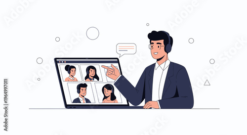 Man in Headphones on Video Call with Colleagues, Online Meeting Illustration