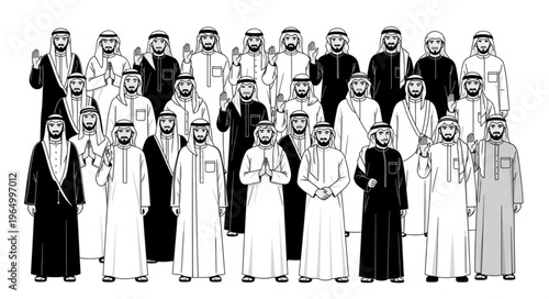 Group of Arab men in traditional attire, standing together.