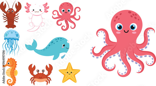 Cute Ocean Animal Vector Collection with Octopus, Crab, Lobster, Seahorse, Jellyfish, Narwhal, Starfish, and Axolotl Illustrations for Kids, Education, and Digital Projects