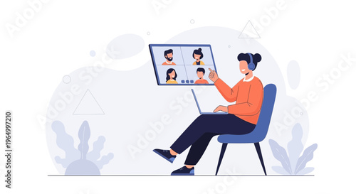 Person on video call with colleagues, remote work, online meeting, teamwork, technology