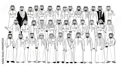 Group of Arab men in traditional attire, standing together.