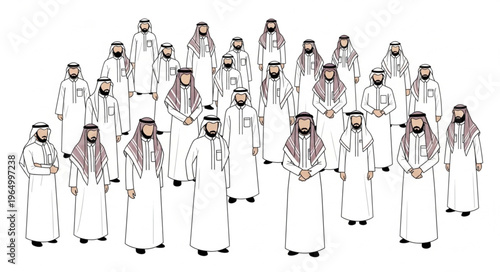 Group of Arab men in traditional attire standing together.