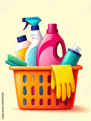 Colorful laundry basket filled with cleaning products and gloves