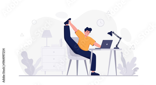 Flexible Man Working on Laptop at Desk, Stretching Legs and Arms
